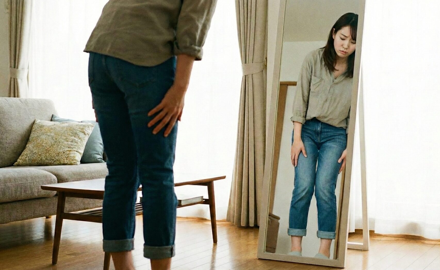 鏡の前で足を抑えている