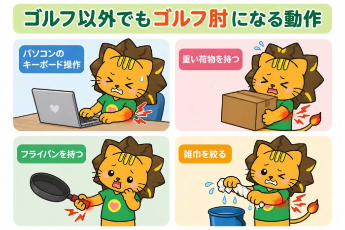 パソコン操作や荷物運び、フライパン、雑巾絞りなど日常生活で肘に負担がかかる動作