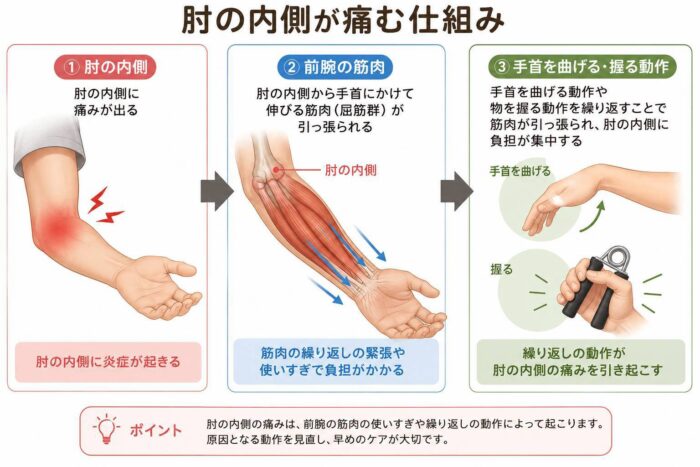 ゴルフ肘で肘の内側に痛みが出る仕組みと前腕の筋肉への負担