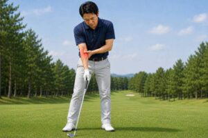 ゴルフ中に肘の内側の痛みを感じている男性