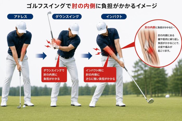 ゴルフスイングで肘の内側に負担がかかる動作のイメージ