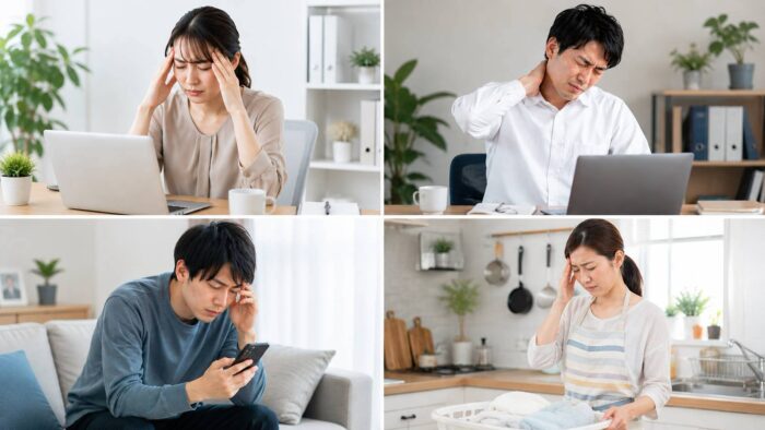 デスクワークやスマートフォン、家事など日常生活で頭痛につながる負担のイメージ