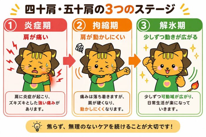 四十肩・五十肩の炎症期・拘縮期・解氷期の3つのステージを示した図解