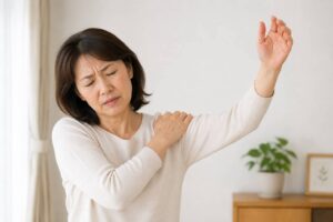 四十肩・五十肩で肩の痛みを感じながら腕を上げる女性のイメージ