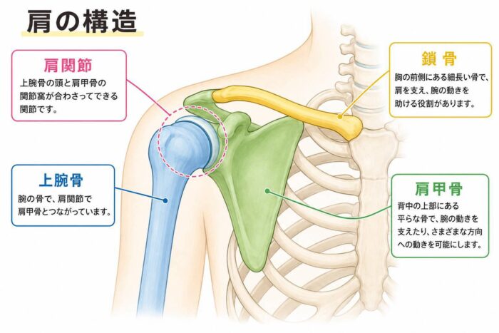 四十肩・五十肩に関係する肩関節、上腕骨、肩甲骨、鎖骨の位置を示したイラスト