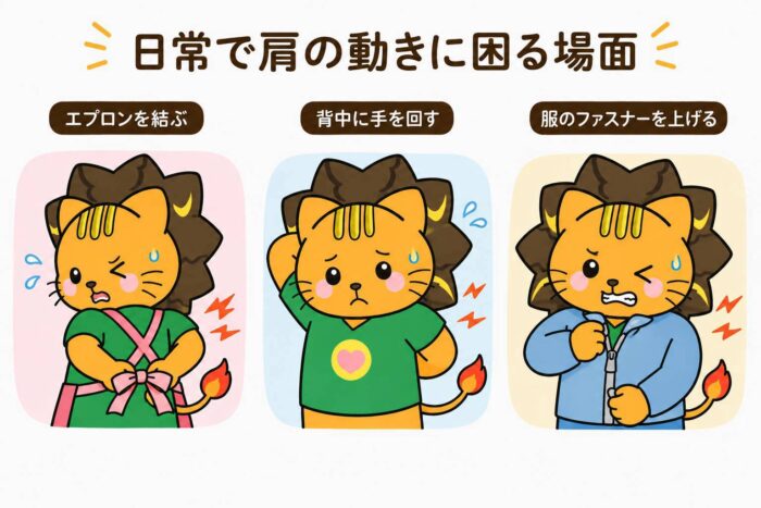 四十肩・五十肩でエプロンを結ぶ、背中に手を回す、服のファスナーを上げる動作に困る場面のイラスト