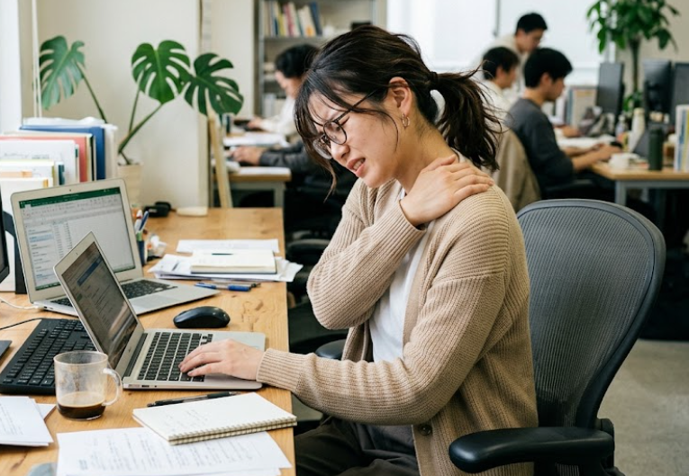 デスクワークでの肩こりに悩む女性