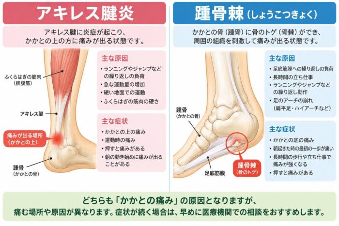 アキレス腱炎と踵骨棘の違いと痛みが出やすい場所を示したイラスト