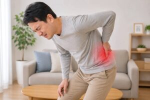 ぎっくり腰で腰を押さえて痛みを感じている男性