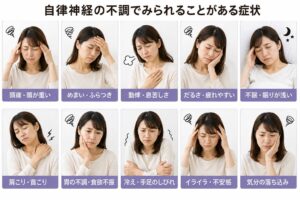 自律神経の不調でみられることがある頭痛、めまい、動悸、疲労、不眠、肩こりなどの症状をまとめたイラスト