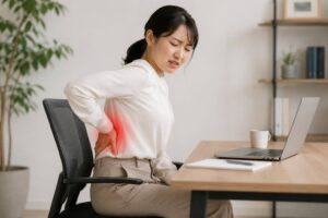 デスクワーク中に背中の痛みを感じている女性
