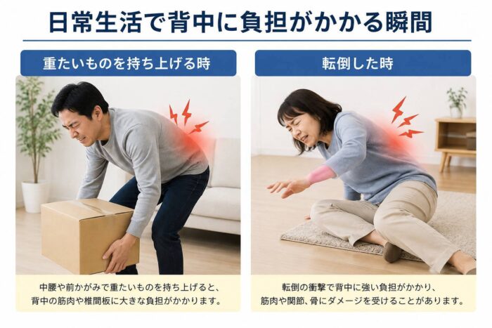 重い物を持ち上げる動作や転倒によって背中に負担がかかる場面