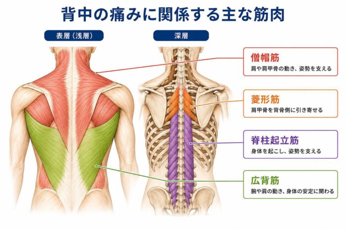 背中の痛みに関係する僧帽筋、菱形筋、脊柱起立筋、広背筋を示したイラスト