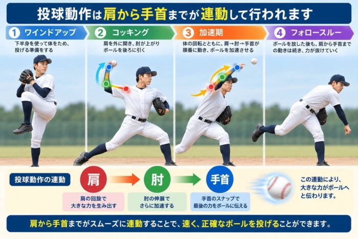野球の投球動作で肩から肘、手首へ力が伝わる身体の連動を示した図