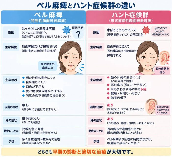 ベル麻痺とハント症候群の原因や症状の違いを示した比較図