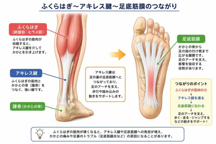ふくらはぎとアキレス腱、足底筋膜のつながりを示した足の解剖イラスト