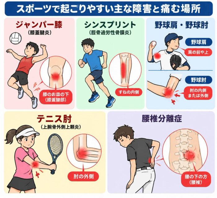 ジャンパー膝、シンスプリント、野球肩・野球肘、テニス肘、腰椎分離症の痛む場所を示した図解