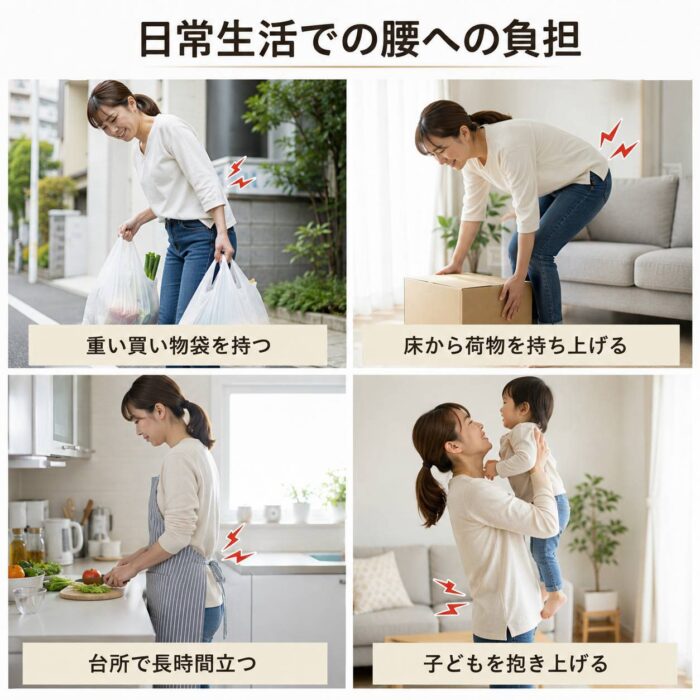 買い物袋を持つ、荷物を持ち上げる、台所で立つ、子どもを抱くなど日常生活で腰に負担がかかる動作