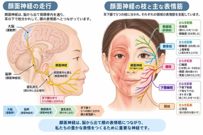 顔面神経の走行と主な表情筋の関係を示した解剖イラスト