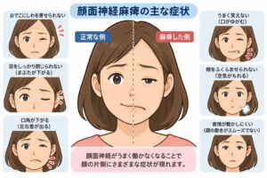 顔面神経麻痺の主な症状を示したイラスト