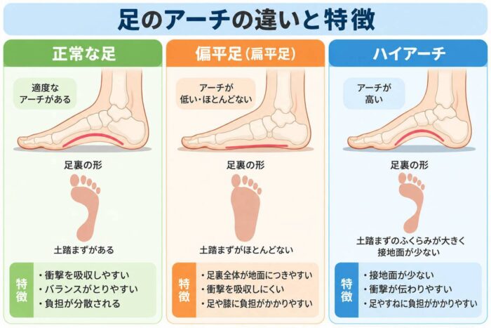 正常な足、偏平足、ハイアーチの足の形と特徴を比較したイラスト