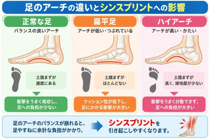 正常な足、扁平足、ハイアーチの違いとシンスプリントへの影響を示した図