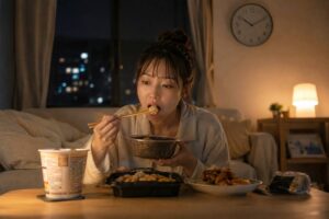 夜遅い時間に食事をしている女性と不眠症につながる生活習慣