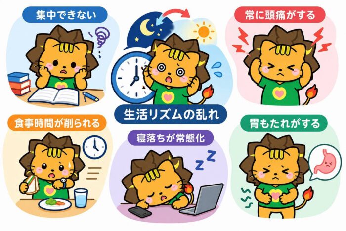 不眠症による集中力低下や生活リズムの乱れなどを表したイラスト