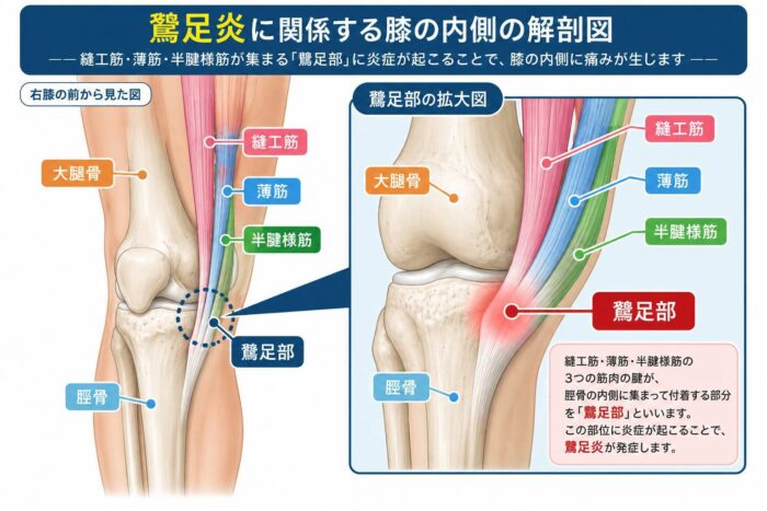 鵞足炎で痛みが出やすい膝の内側の鵞足部と縫工筋・薄筋・半腱様筋の位置を示した解剖図