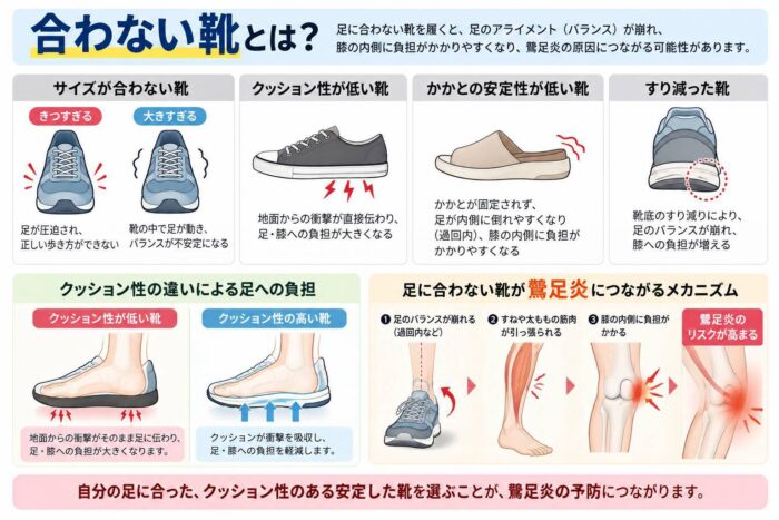 サイズやクッション性など足に合わない靴が膝への負担につながる仕組みを示した図