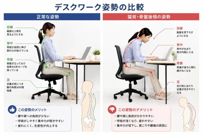 デスクワークで腰に負担がかかりやすい姿勢と自然な姿勢を比較したイラスト