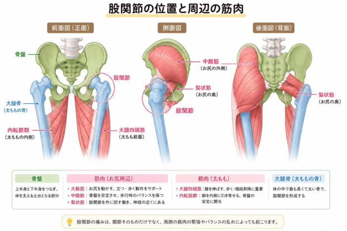 股関節の位置と周辺にあるお尻や太ももの筋肉を示したイラスト