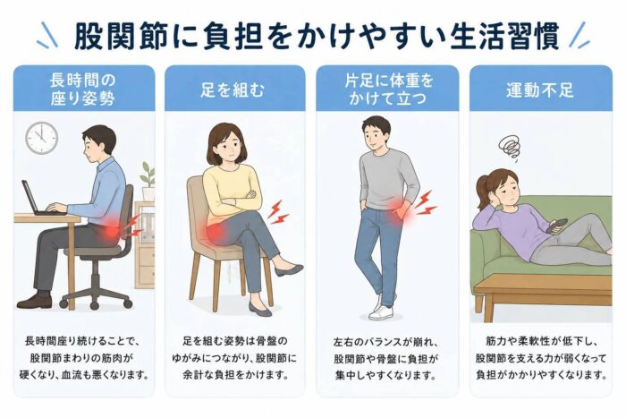 長時間の座り姿勢や足を組む姿勢など股関節に負担をかけやすい生活習慣のイラスト