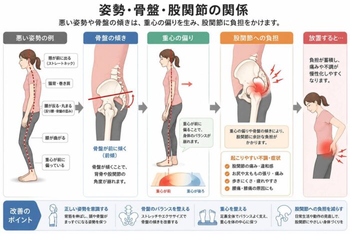 姿勢や骨盤の傾きによって股関節に負担がかかる仕組みを示したイラスト