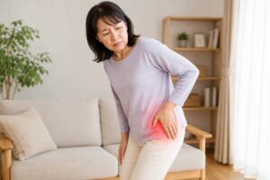 変形性股関節症による股関節の痛みを気にする女性