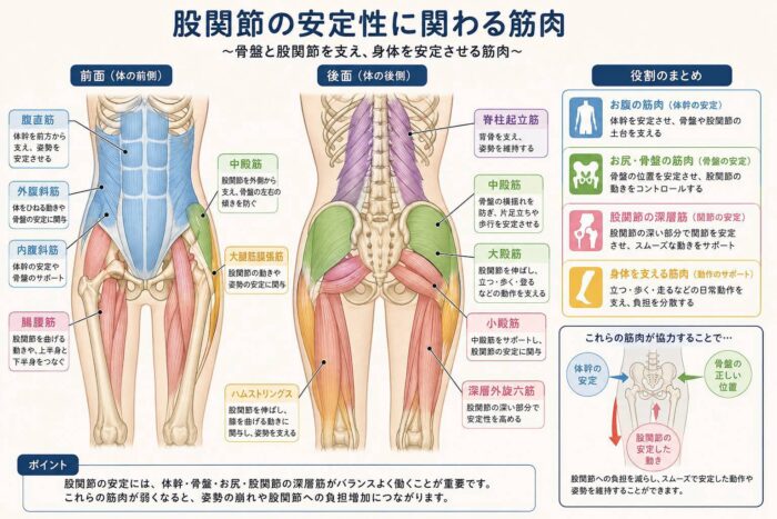 股関節の安定性に関わる体幹や骨盤周辺の筋肉を示したイラスト
