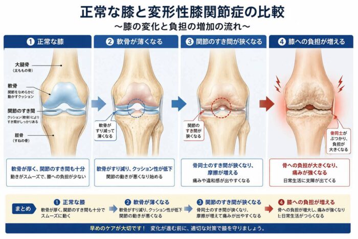 正常な膝から軟骨が薄くなり関節のすき間が狭くなる変化を示した図