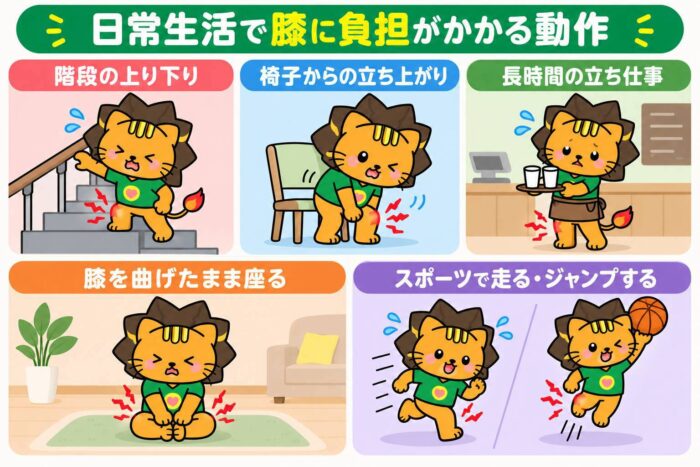 階段の上り下りや立ち上がり、立ち仕事など膝に負担がかかる動作のイラスト
