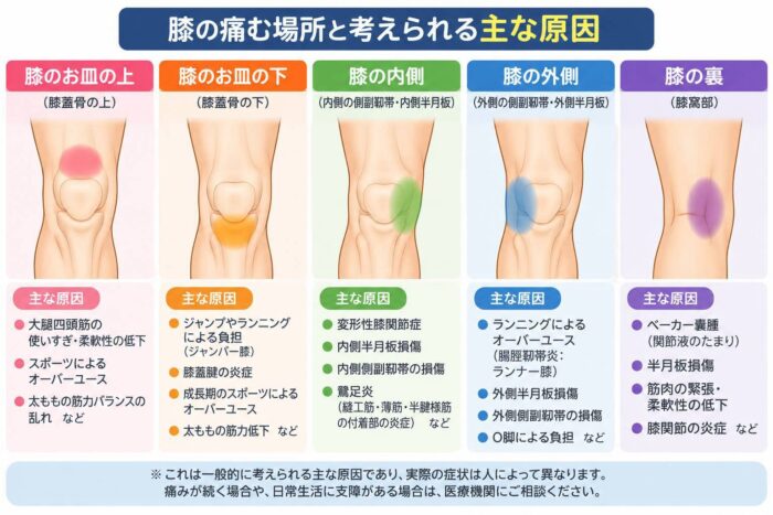 膝の痛む場所と考えられる主な原因を示したイラスト