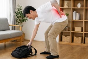 荷物を持ち上げる動作で腰に負担がかかるイメージ