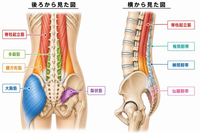 ぎっくり腰で負担がかかる腰周辺の筋肉と靭帯を示した図