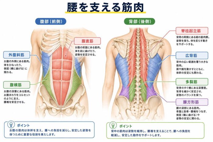 腹部と背部にある腰を支える主な筋肉を示した図