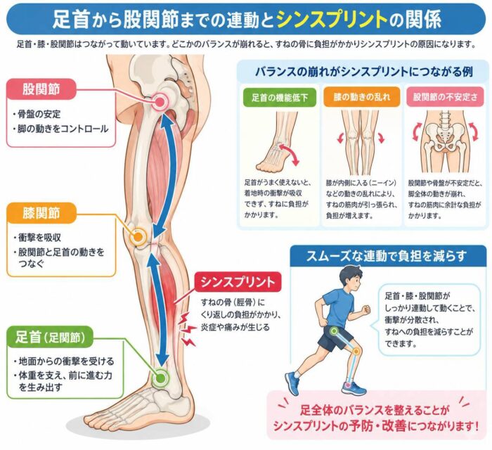 足首、膝、股関節の連動とシンスプリントへの負担の関係を示した図