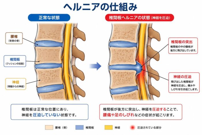 腰椎椎間板ヘルニアで椎間板が突出して神経を圧迫する仕組みを示したイラスト