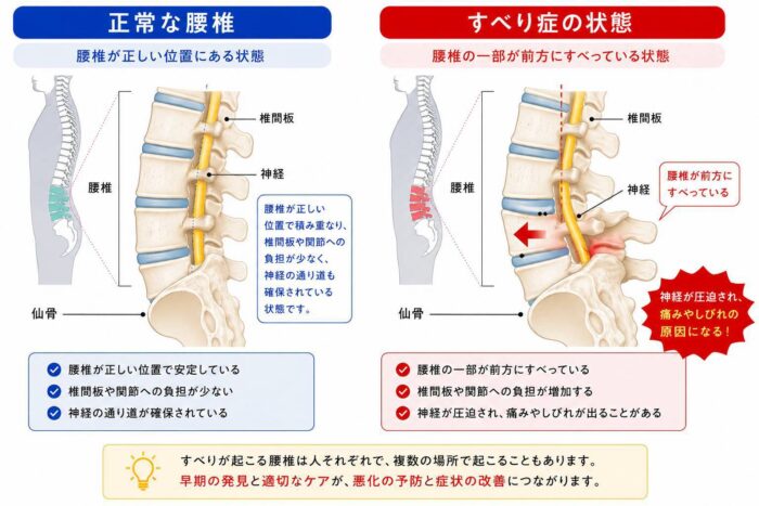 腰椎すべり症で腰椎の一部が前方にずれた状態と正常な腰椎を比較した図