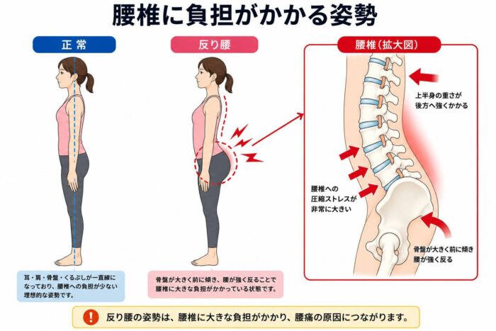 反り腰によって腰椎に負担がかかる姿勢を示した図