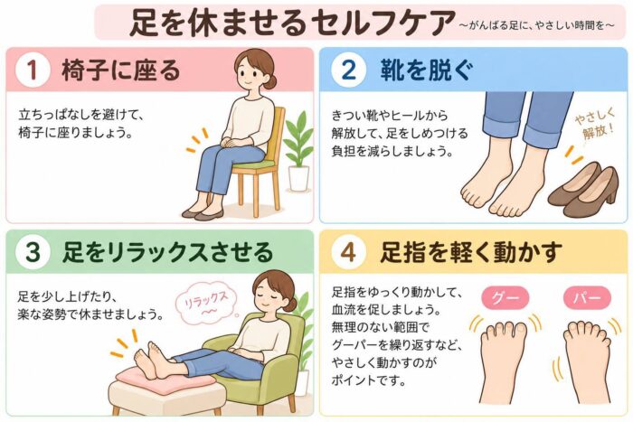 内反小趾が気になるときに足を休ませ、無理のない範囲で足指を動かすセルフケアのイメージ