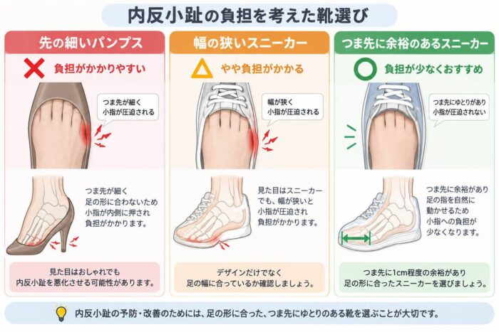 内反小趾の負担を考えた靴選びを説明する比較画像