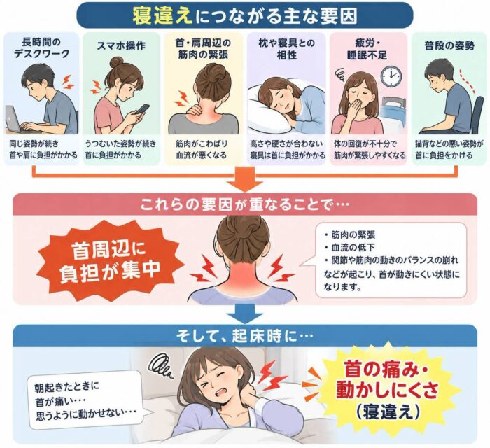 寝違えにつながる長時間のデスクワークやスマホ操作、首肩の筋肉の緊張、枕や寝具、疲労、姿勢などの主な要因