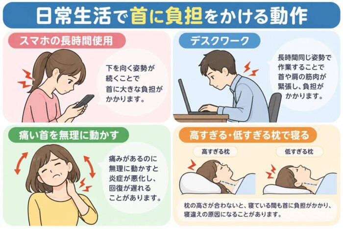 日常生活で首に負担をかけるスマホの長時間使用、デスクワーク、痛い首を無理に動かすこと、合わない高さの枕